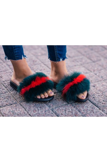 FLUFFY FUR SLIPPERS - GREEN/RED