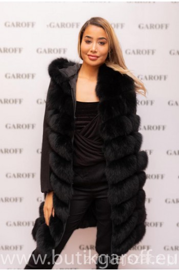 LONG REAL FOX FUR VEST BLACK WITH HOODIE