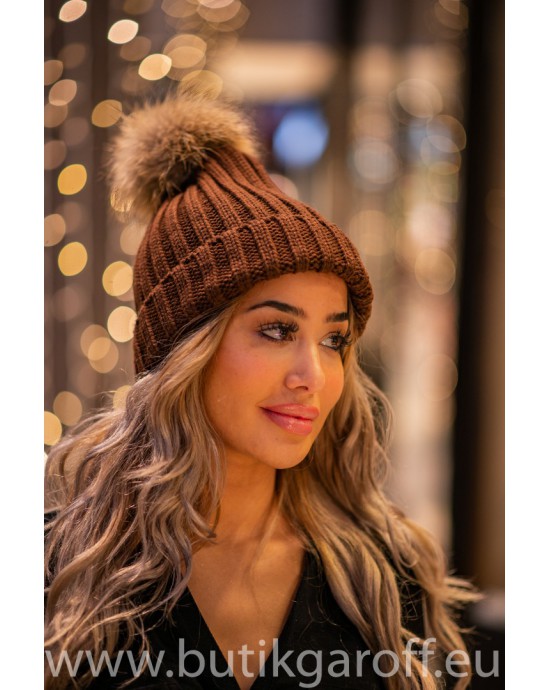 Winter cap with real racoon pompon - model 7