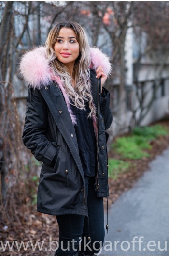 BLACK PARKA WITH PINK REAL RACOON FUR
