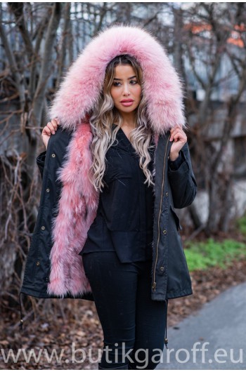 BLACK PARKA WITH PINK REAL RACOON FUR
