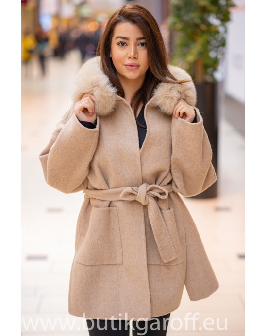 Cashmere Coat with real fox fur - BEIGE
