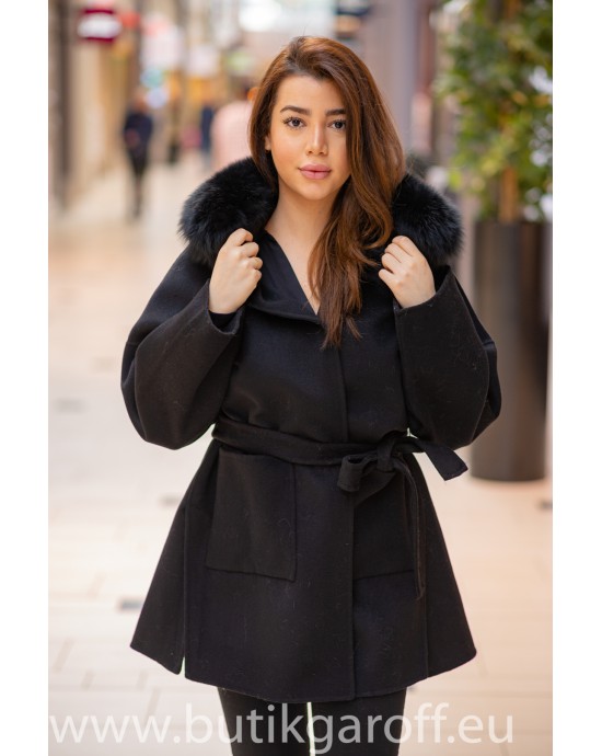 Cashmere Coat with real fox fur - Black