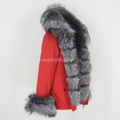 Short Red Winter Parka with real silver fox fur  - Model nr 73
