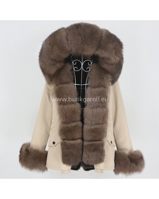 Short Beige Winter Parka with real grey fox fur  - Model nr 75