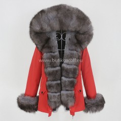copy of Short Red Winter Parka with real silver fox fur  - Model nr 73