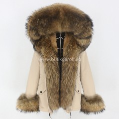 Short Beige Winter Parka with real racoon fur  - Model nr 85