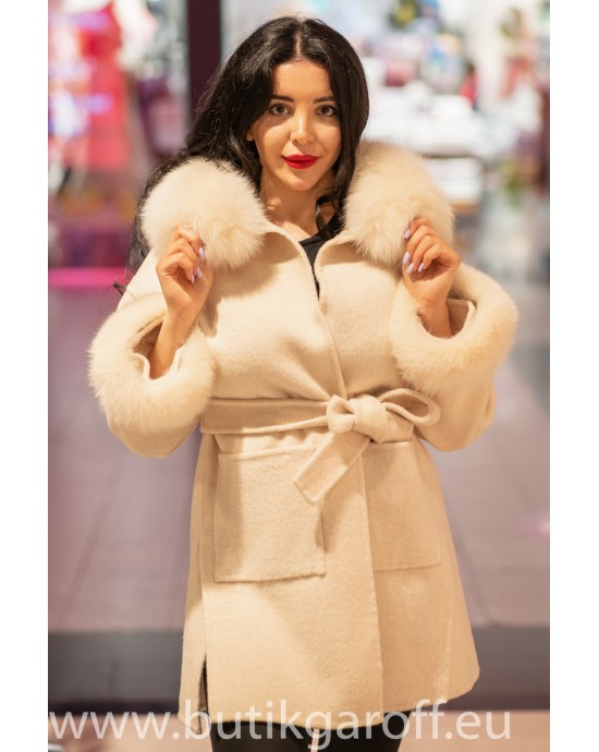 beige wool coat with fur collar