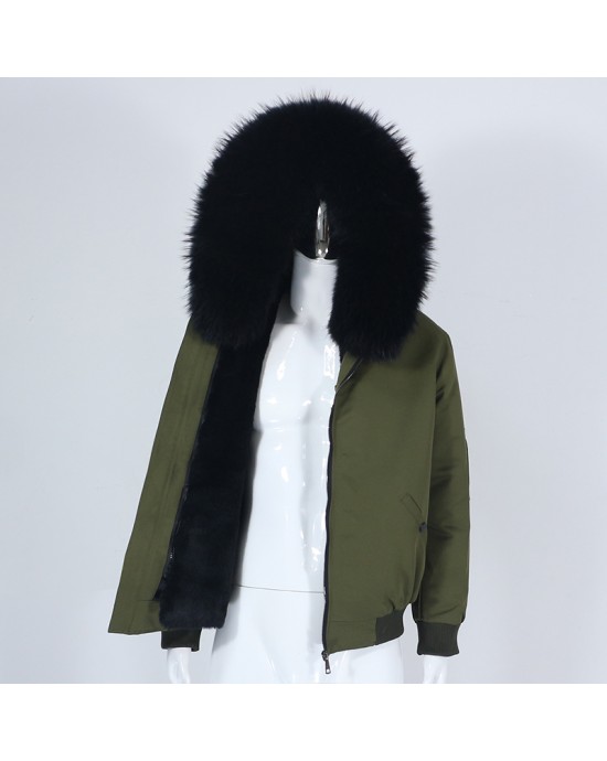 Man Khaki Winter Bomber Jacket with big black real racoon fur coat HIT