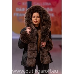 Short Winter Black Parka with brown/grey real fox fur - Model 51