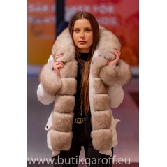 Short Winter White Parka with beige real fox fur