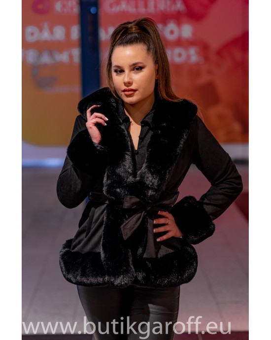 Donia short Black Coat  with faux mink fur coat - HIT