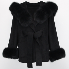 copy of Cashmere Coat  with real fur collar- Black - 100% alpaka wool