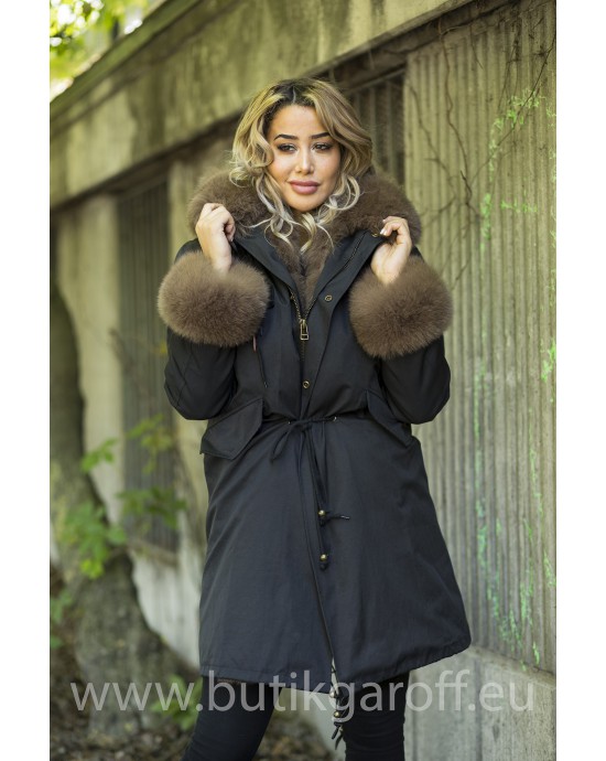 LONG BLACK PARKA WITH BROWN REAL FOX FUR